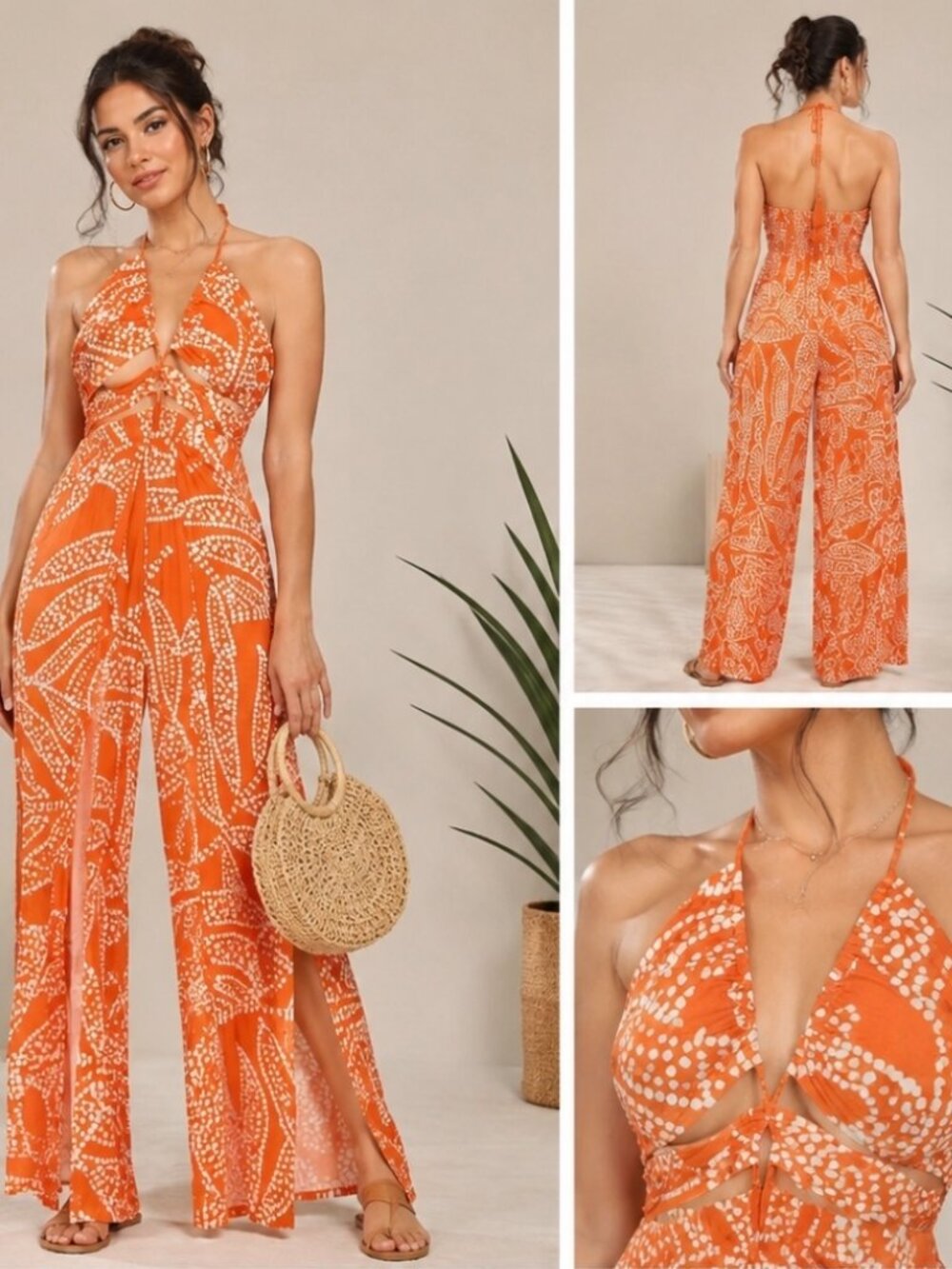 SHEIN Women Medium Orange Print Halter Jumpsuit Wide Leg Slit Pants NWT